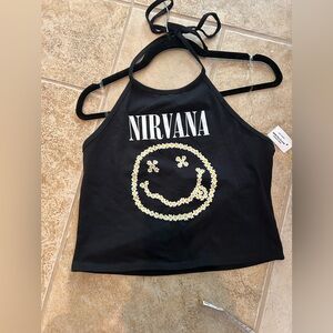Nirvana Halter top, size XL, NWT, black background.  Ties at neck